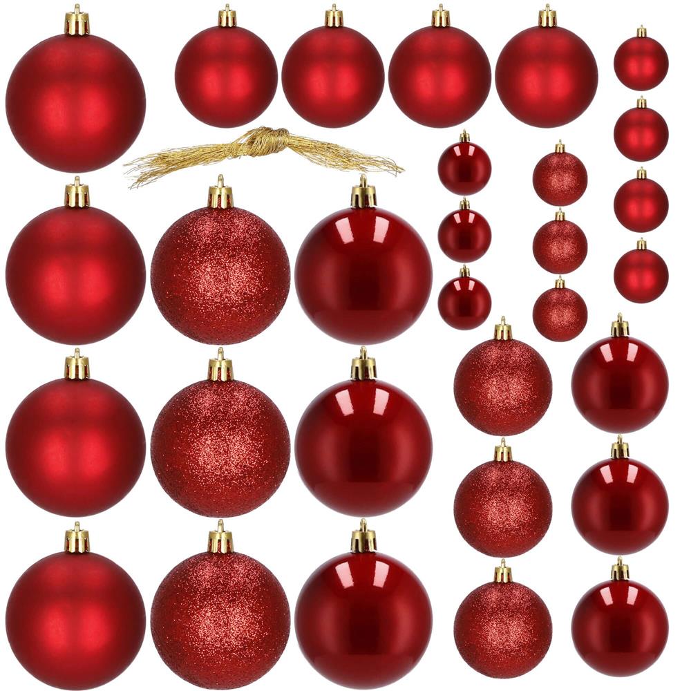 Set globuri de Craciun, 30 bucati, 3 modele, 4/5/6cm, rosu