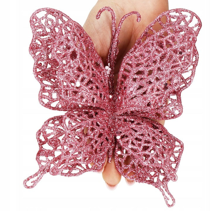 Set 10 ornamente pentru bradul de Craciun, Fluture cu sclipici, 16cm, roz