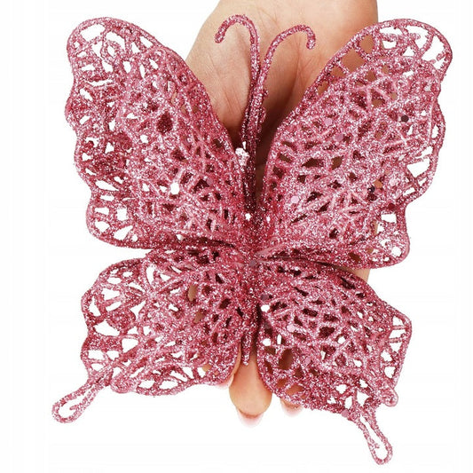 Set 10 ornamente pentru bradul de Craciun, Fluture cu sclipici, 16cm, roz