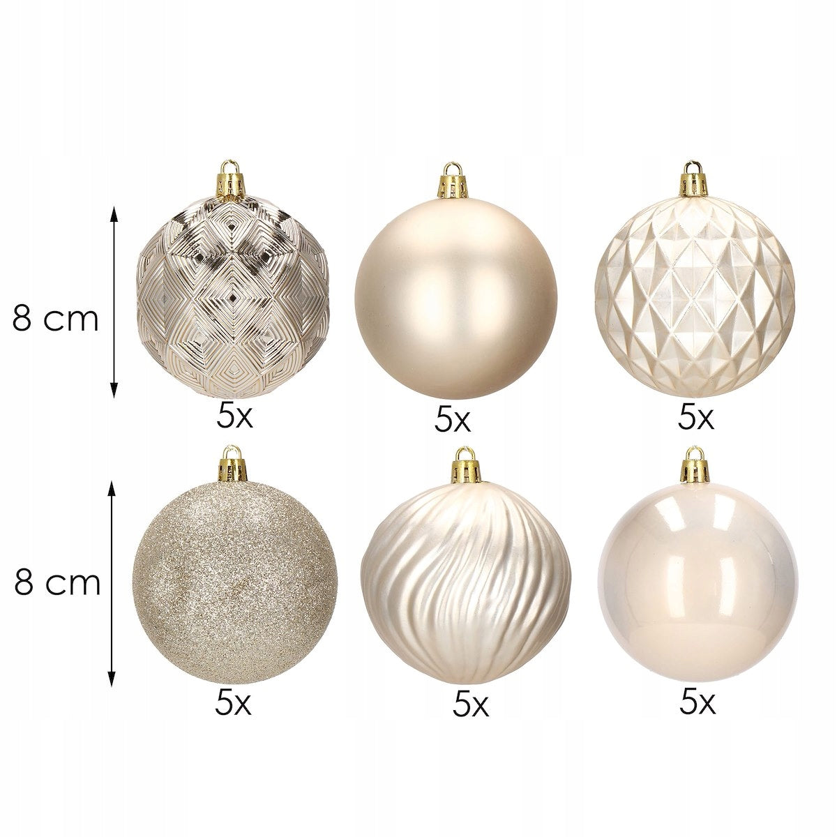 Set globuri de Craciun, 30 bucati, 6 modele, 8cm, auriu
