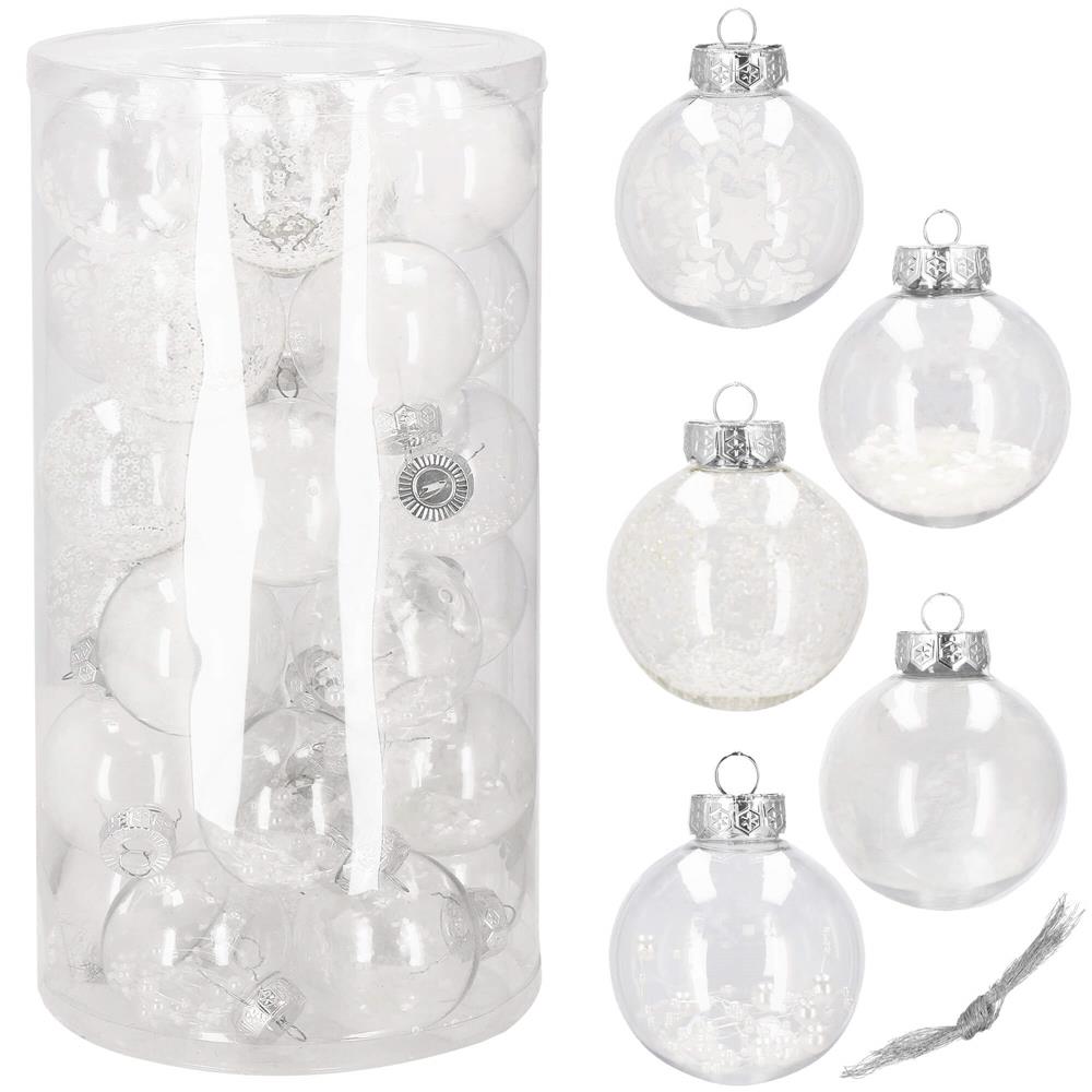 Set globuri de Craciun Inedit, 30 bucati, 7cm, transparente si alb