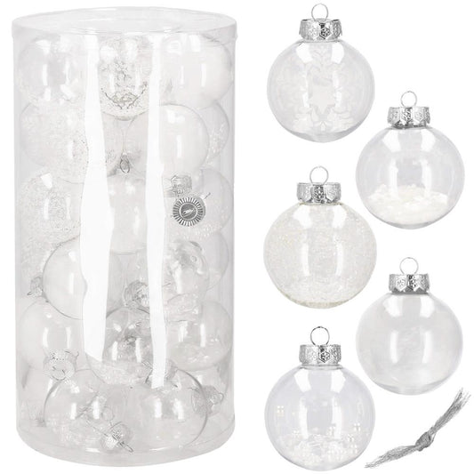 Set globuri de Craciun Inedit, 30 bucati, 7cm, transparente si alb