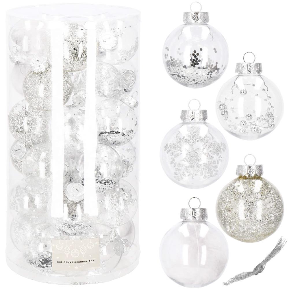 Set globuri de Craciun Inedit, 30 bucati, 7cm, transparente si argintiu