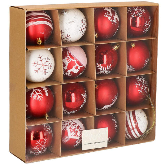 Set globuri de Craciun, 16 bucati, 8cm, 8 modele, rosu alb
