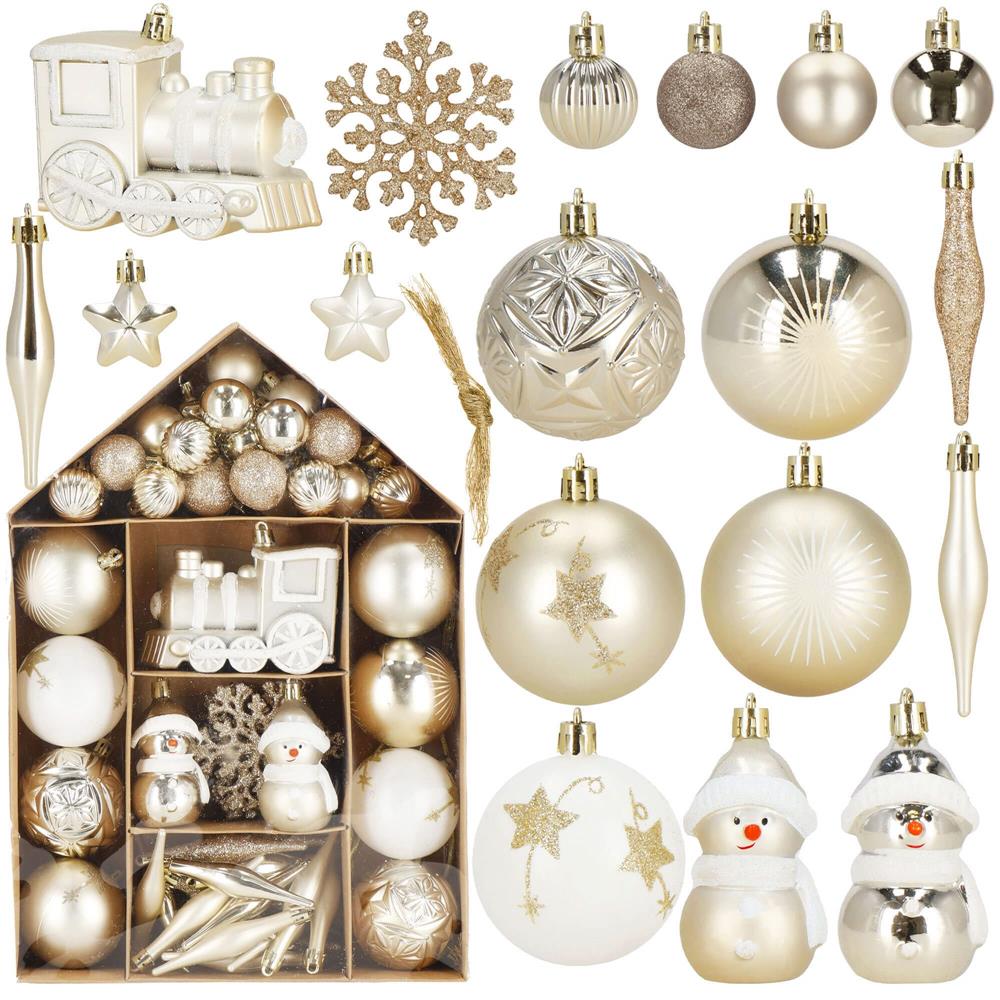 Set globuri si decoratiuni de Craciun, 70 piese, diverse dimensiuni, auriu si crem
