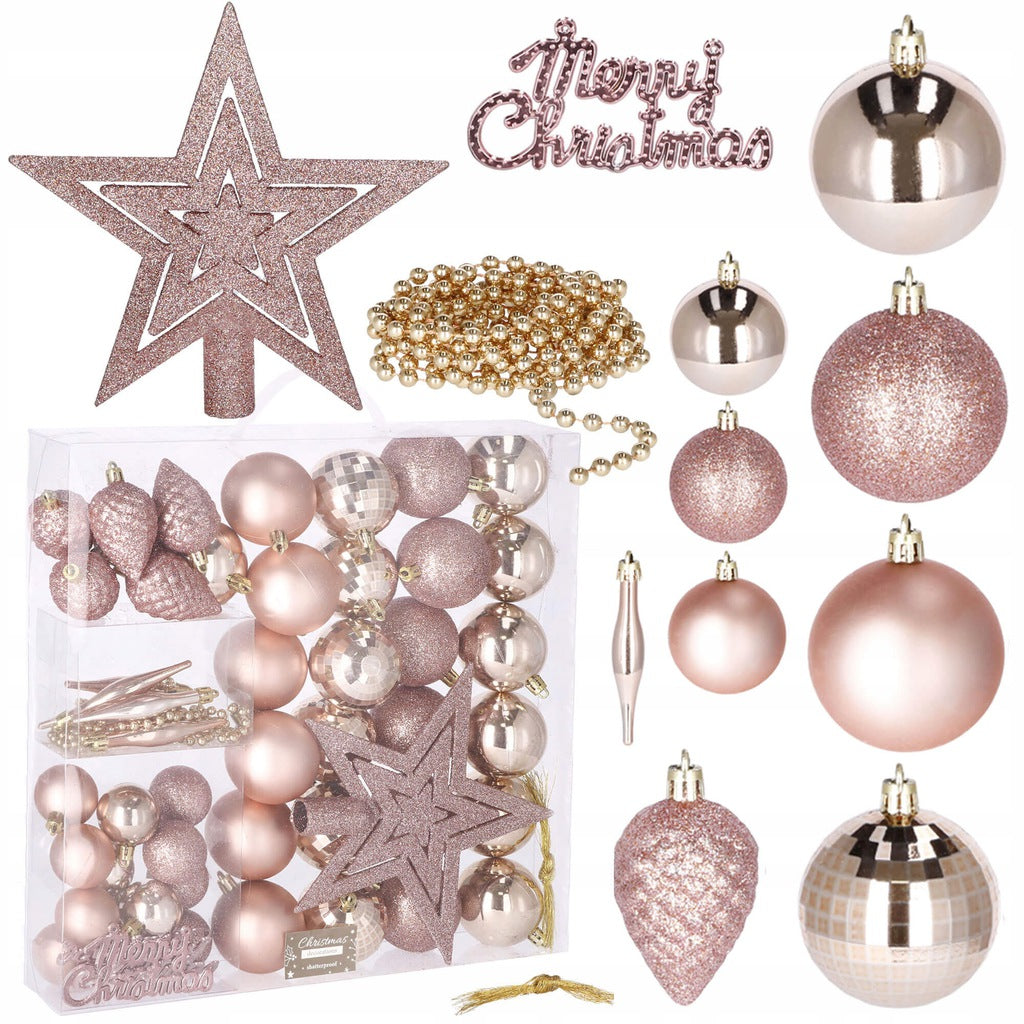 Set globuri si decoratiuni de Craciun, 51 piese, diverse dimensiuni, roz