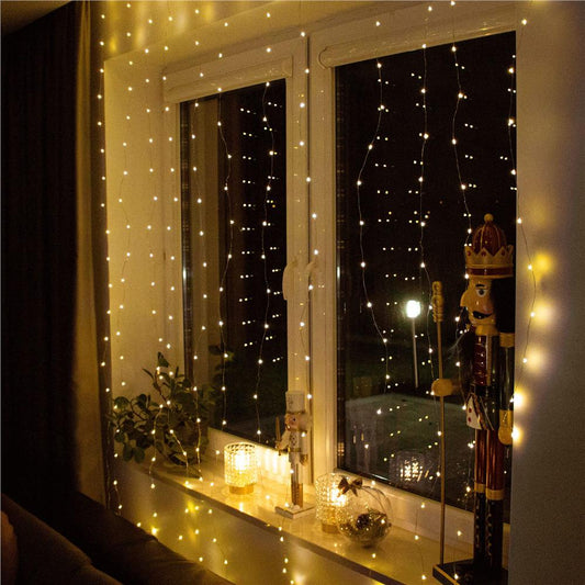 Ghirlanda luminoasa tip perdea 300 LED-uri, 3x3m, pentru interior, cu telecomanda, alb cald (galben)