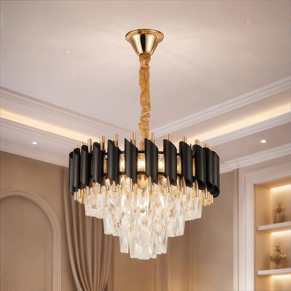 Candelabru Cristal VERSAILLES Nobile 5xE14, Diametru 40cm, Auriu Lucios si Negru
