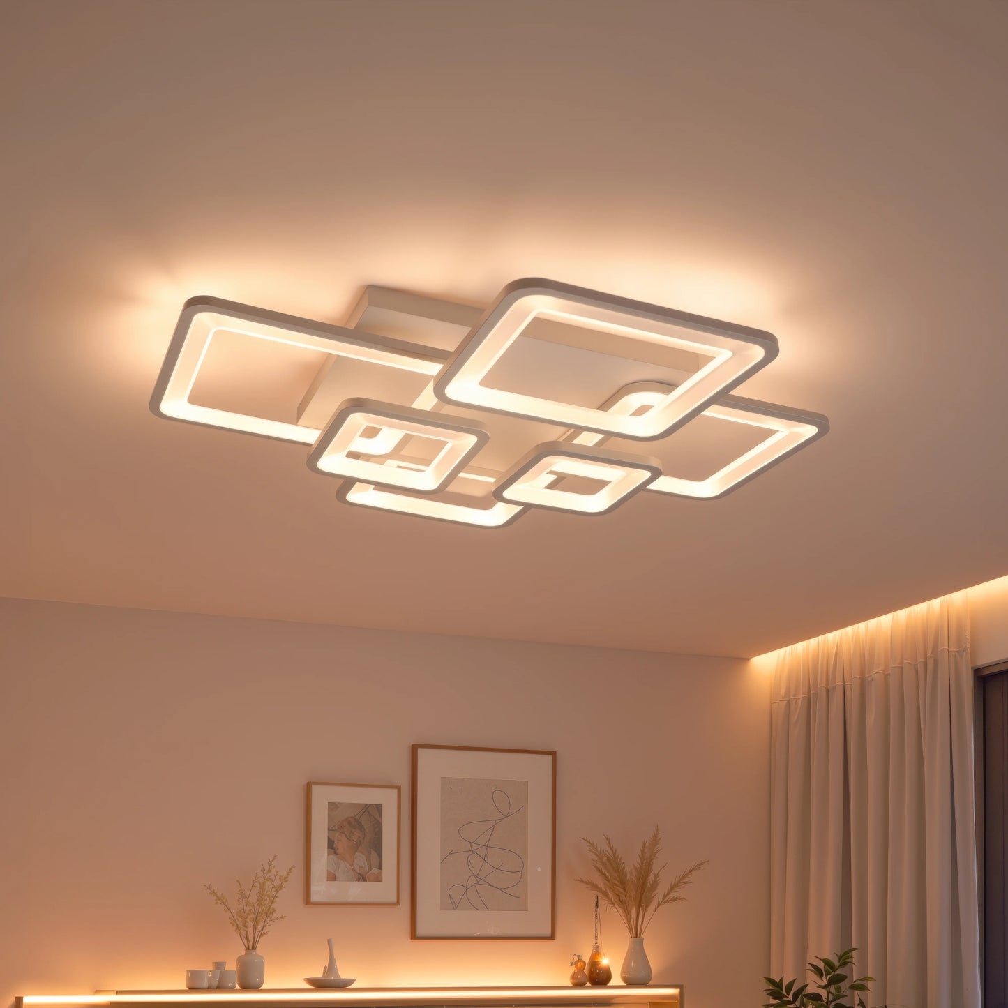 Lustra LED cu Telecomanda, ELLA, 6 Patrate, 124W, Lumina Rece/Calda/Neutra, Dimabila, Alb