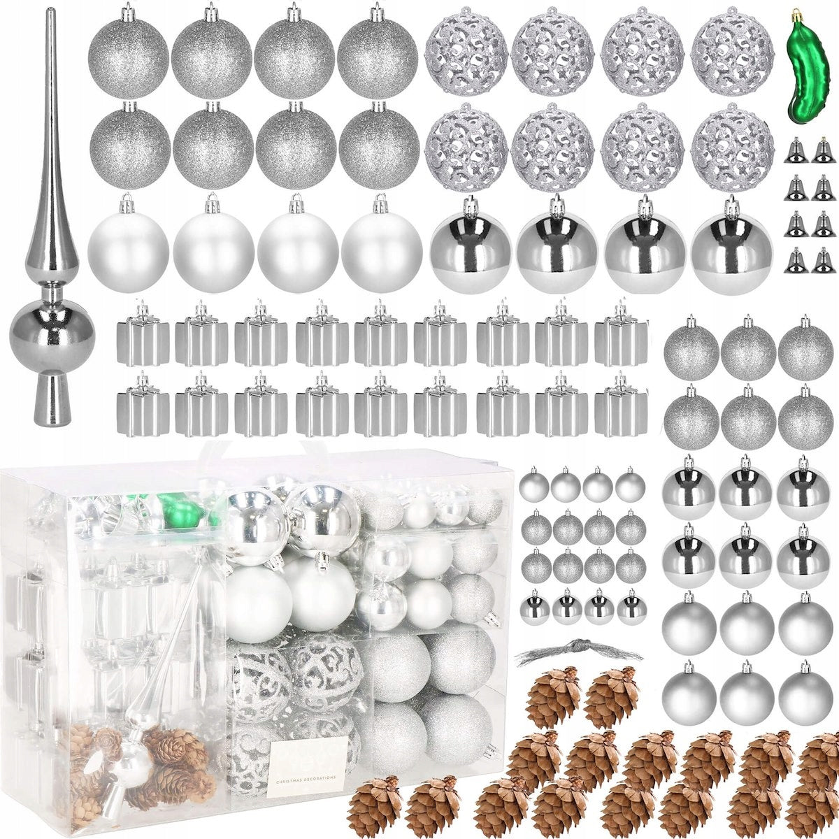 Set globuri si decoratiuni de Craciun, 102 piese, diverse dimensiuni, argintiu