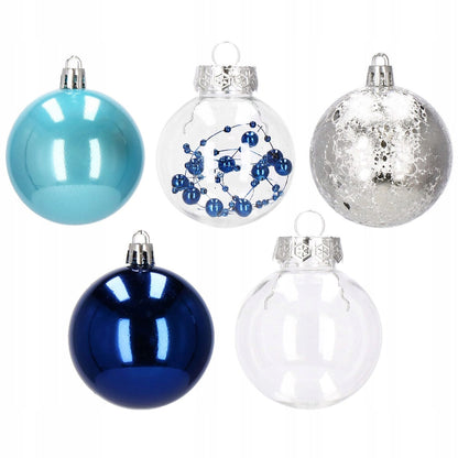 Set globuri de Craciun Inedit, 30 bucati, 6cm, transparente si albastru