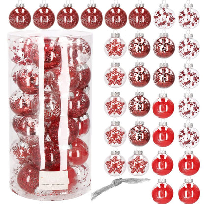 Set globuri de Craciun Inedit, 30 bucati, 7cm, transparente si rosu