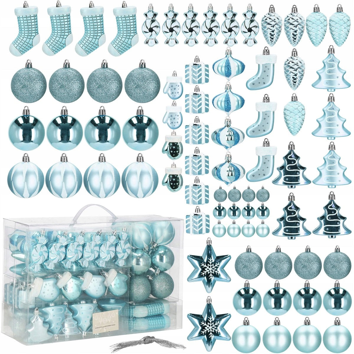 Set globuri si decoratiuni de Craciun, 77 piese, diverse dimensiuni, albastru