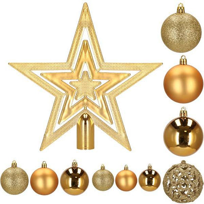 Set globuri si decoratiuni de Craciun, 100 piese, diverse dimensiuni cu stea, auriu