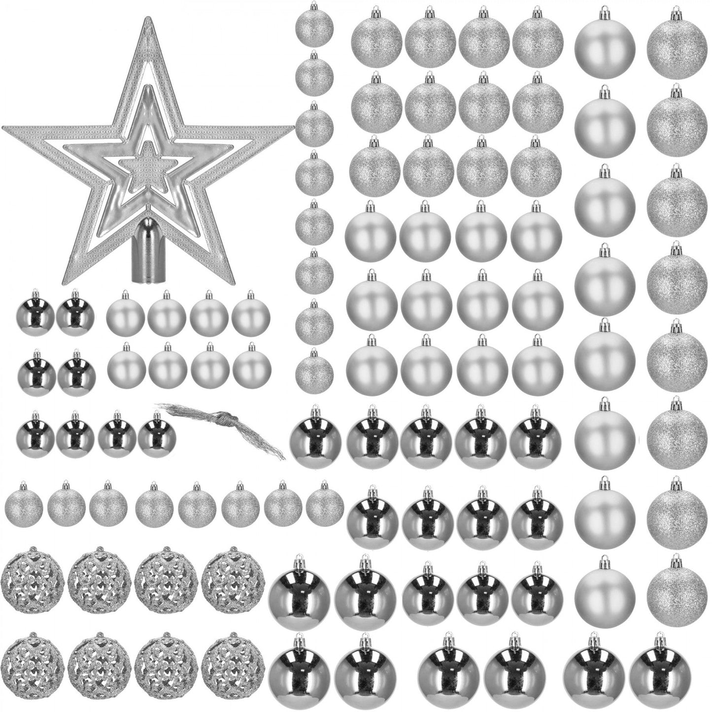 Set globuri si decoratiuni de Craciun, 100 piese, diverse dimensiuni cu stea, argintiu