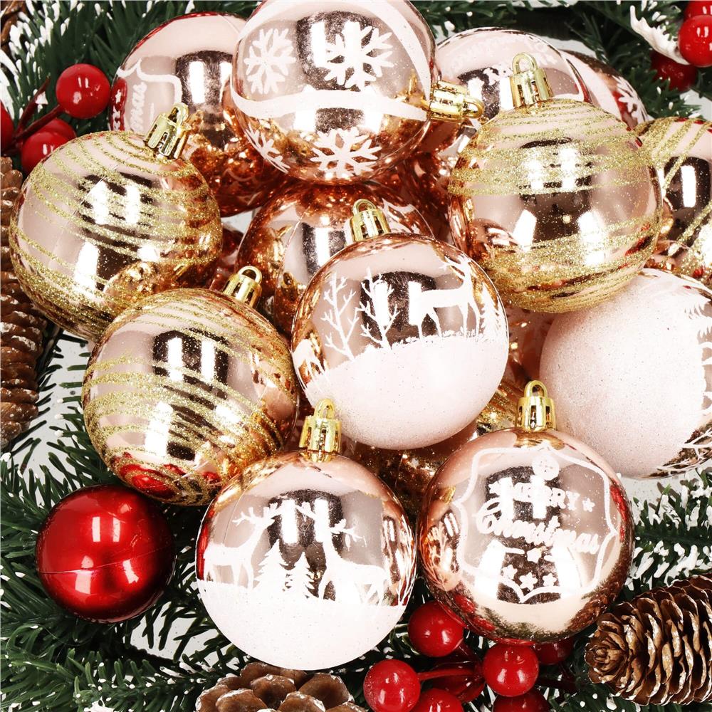 Set globuri de Craciun cu modele de sarbatori, 24 bucati, 6cm, rose