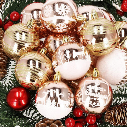 Set globuri de Craciun cu modele de sarbatori, 24 bucati, 6cm, rose