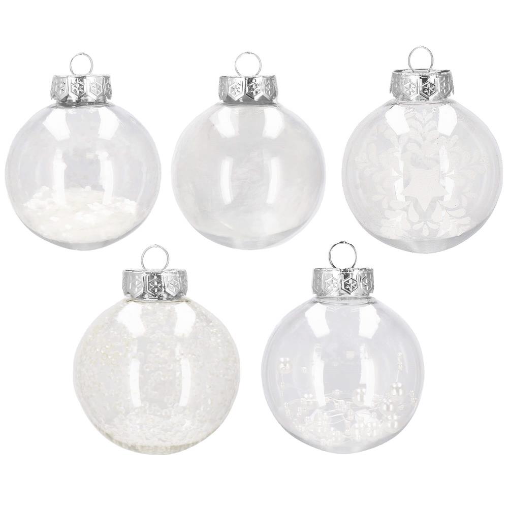 Set globuri de Craciun Inedit, 30 bucati, 7cm, transparente si alb