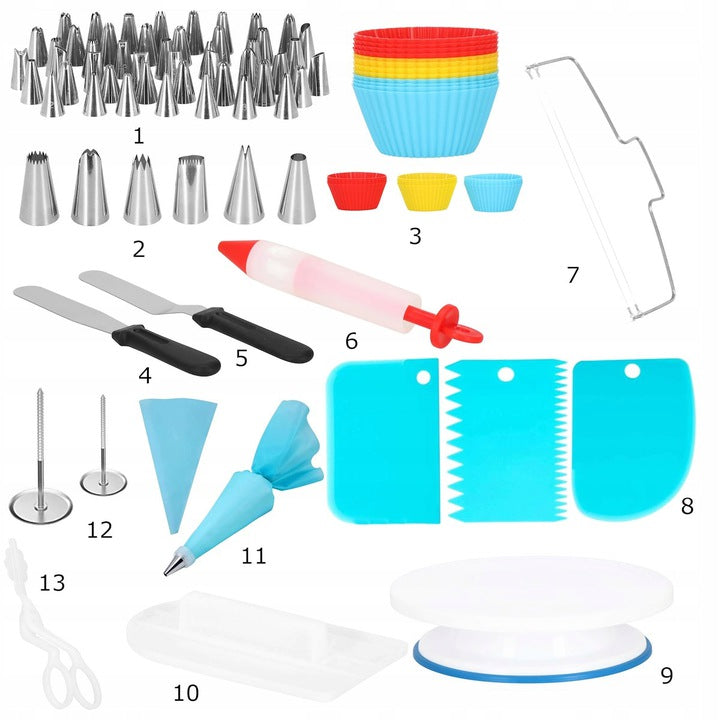 Set patiserie cu platou rotativ, 106 piese cu sabloane pentru ornarea prajiturilor