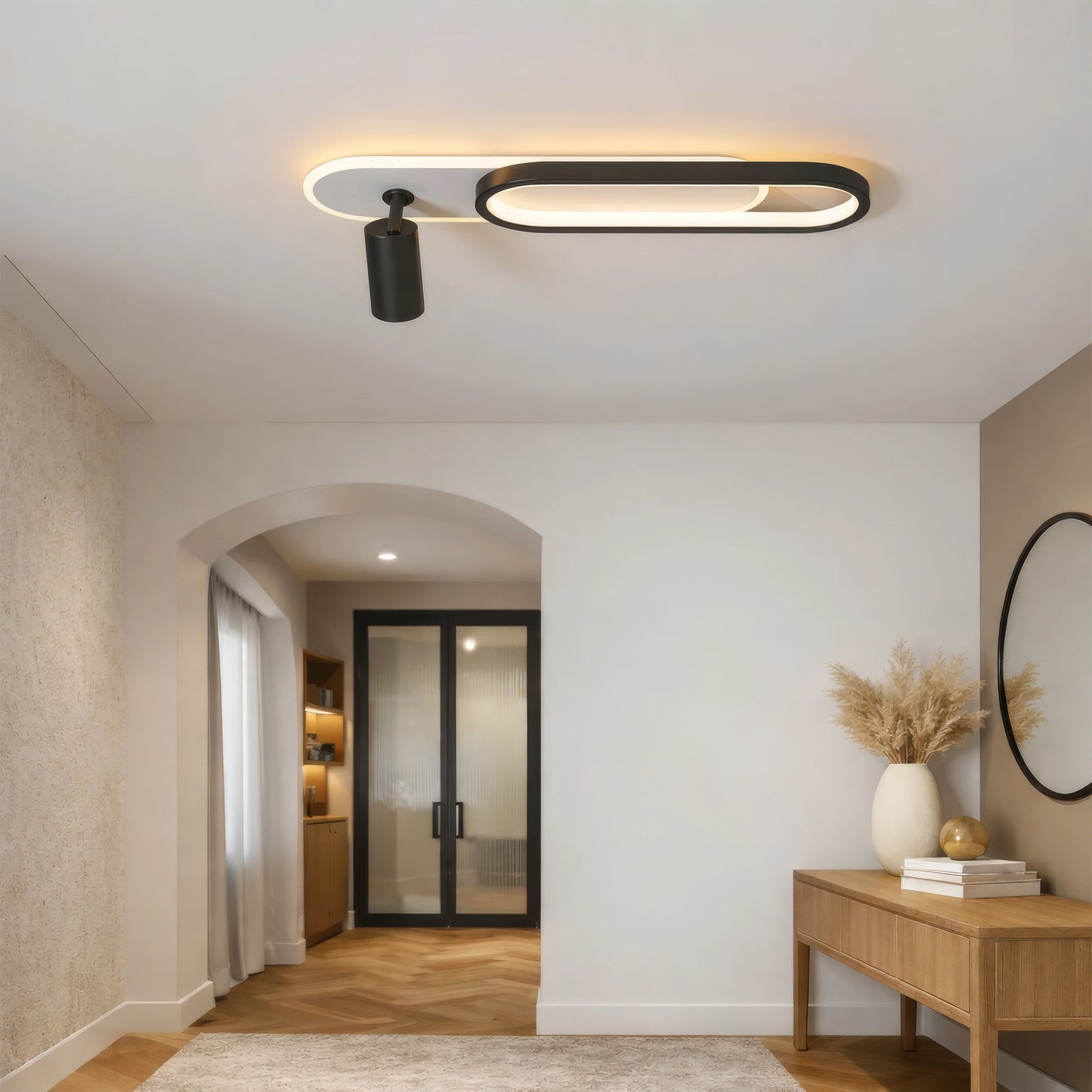 Lustra LED Berta 43W Lumina Rece/Calda/Neutra Proiector Reglabil Acril si Metal Alb si Negru