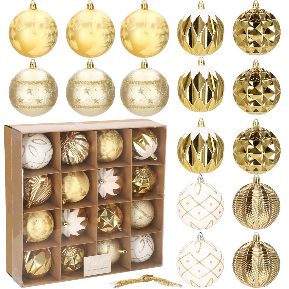 Set globuri de Craciun, 16 bucati, 8cm, 6 modele, auriu