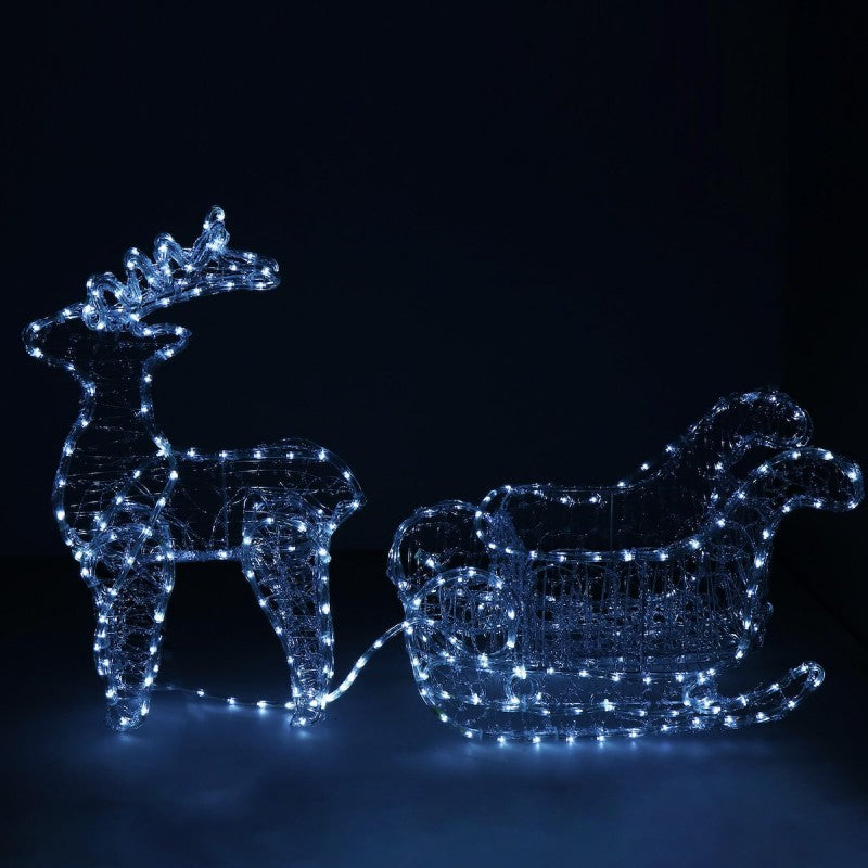 Instalatie lumini pentru Craciun, ren cu sanie, , 312 LED-uri, 150cm, alb