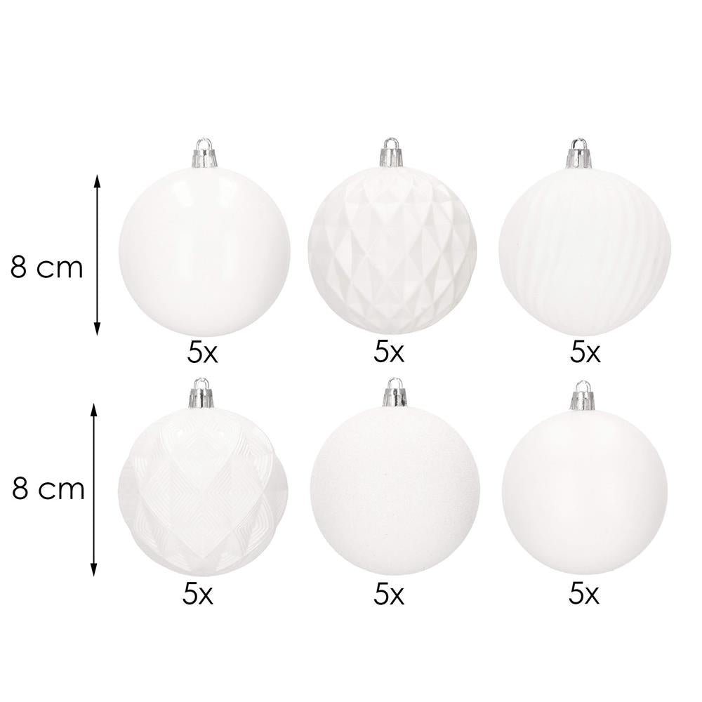 Set globuri de Craciun, 30 bucati, 8cm, 6 modele, alb