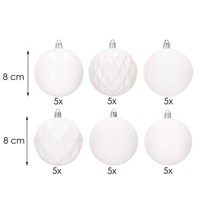 Set globuri de Craciun, 30 bucati, 8cm, 6 modele, alb