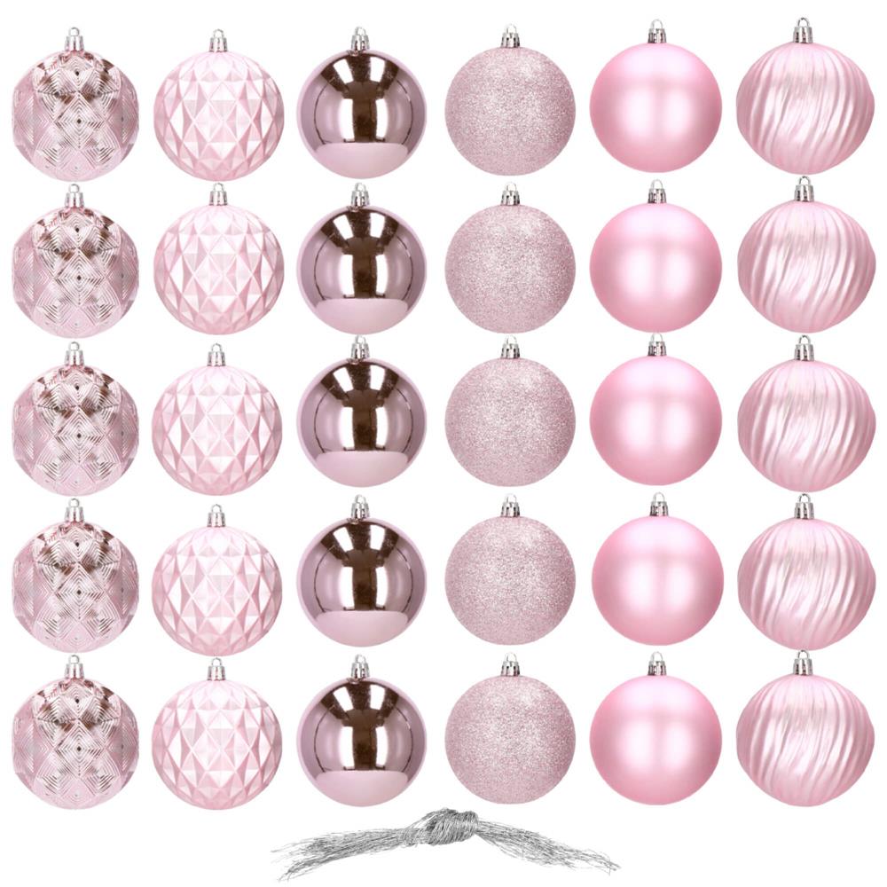Set globuri de Craciun, 30 bucati, 6 modele, 8cm, roz