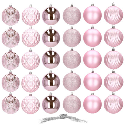 Set globuri de Craciun, 30 bucati, 6 modele, 8cm, roz