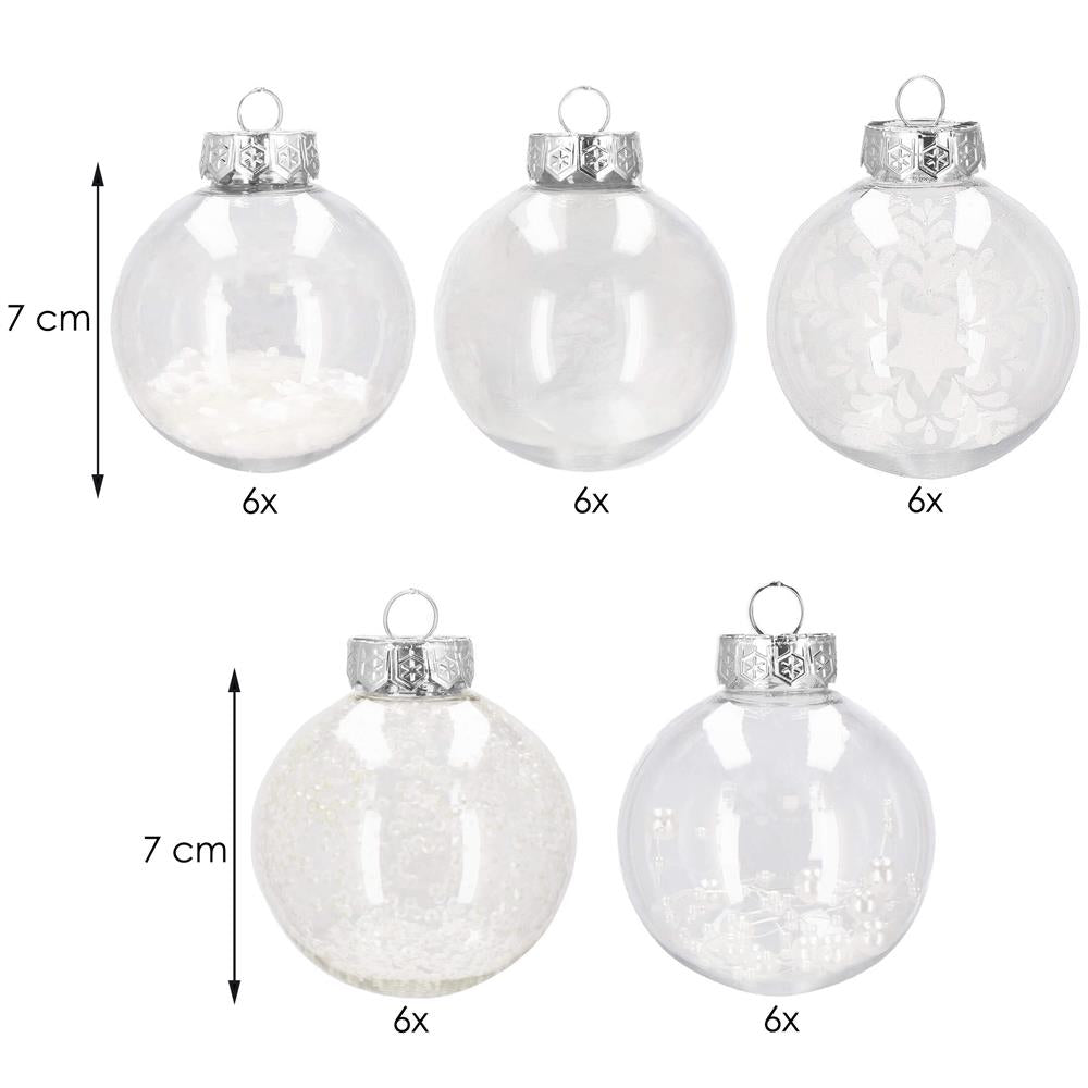Set globuri de Craciun Inedit, 30 bucati, 7cm, transparente si alb