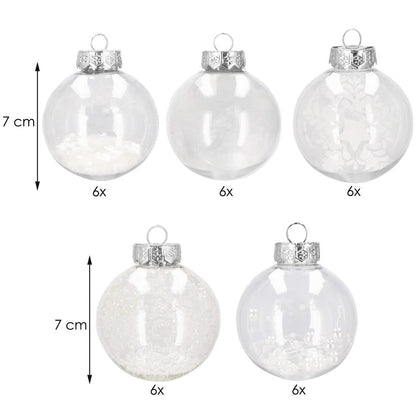 Set globuri de Craciun Inedit, 30 bucati, 7cm, transparente si alb