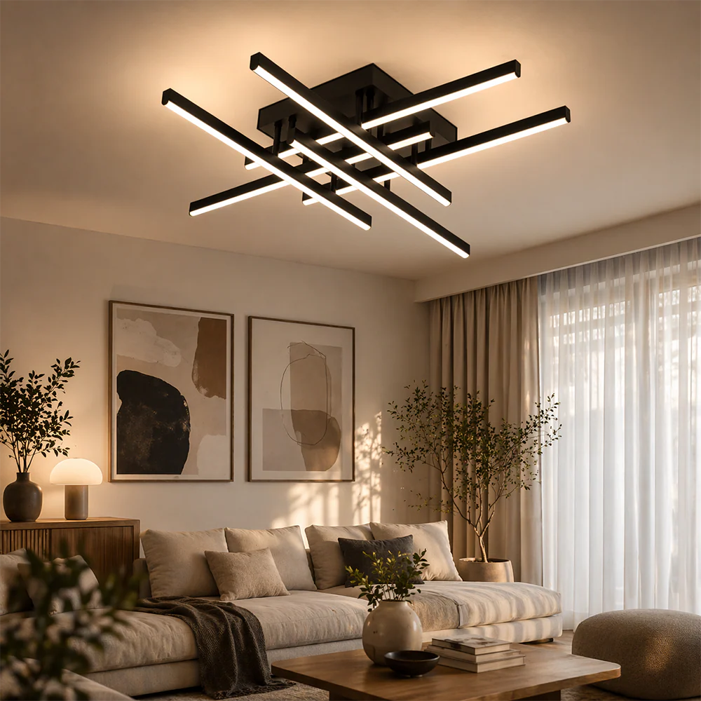 Lustra LED cu Telecomanda Aroldo, 63W, 6 Elemente, Liniara, lumina Rece/Calda/Neutra, Dimabila, Negru
