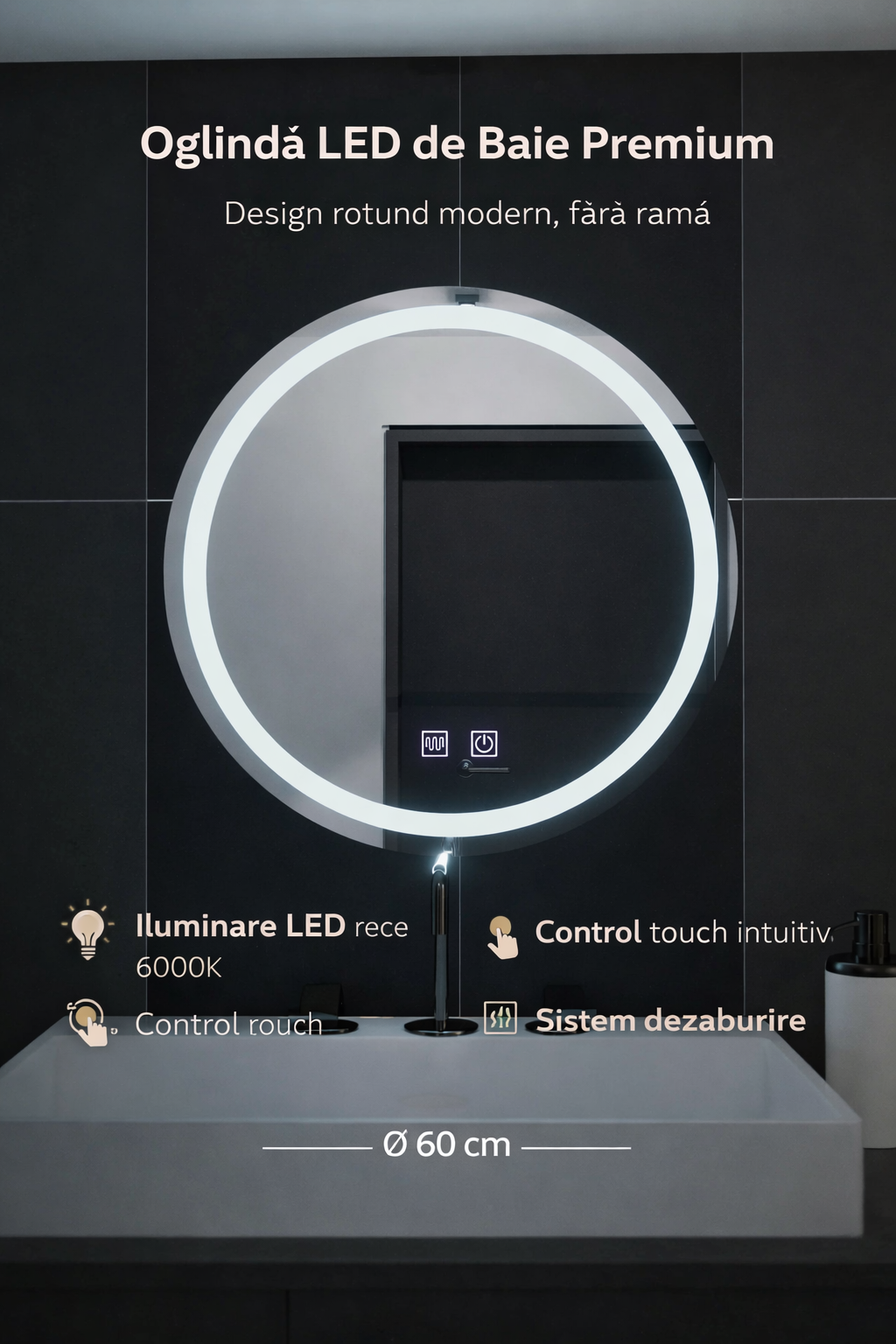 Oglinda LED Rotunda, 60cm, Sfera Touch, Sistem Dezaburire, Dimabila