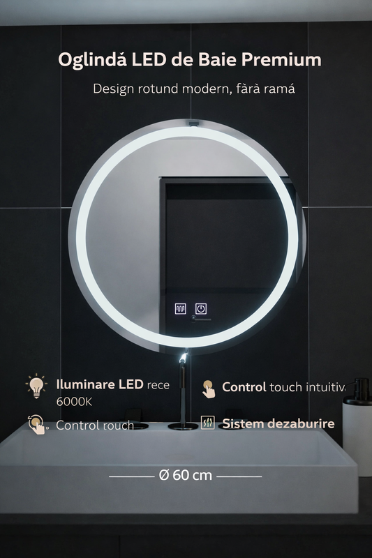 Oglinda LED Rotunda, 60cm, Sfera Touch, Sistem Dezaburire, Dimabila