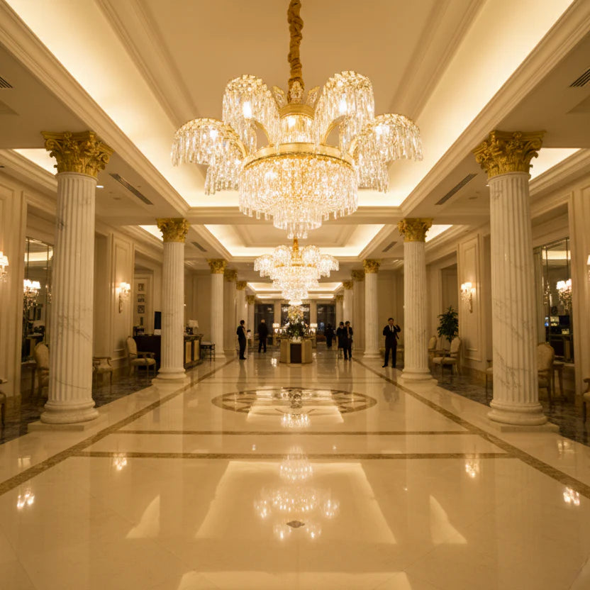 Candelabru Cristal PALACE, 8 brate, D80cm, Auriu Lucios, Inaltime Reglabila, Metal si Cristal