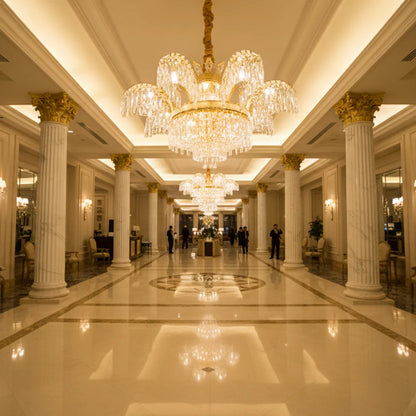 Candelabru Cristal PALACE, 8 brate, D80cm, Auriu Lucios, Inaltime Reglabila, Metal si Cristal