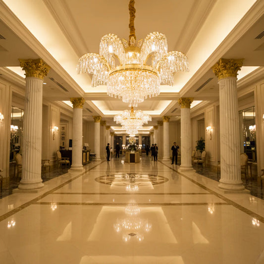 Candelabru Cristal PALACE, 8 brate, D80cm, Auriu Lucios, Inaltime Reglabila, Metal si Cristal