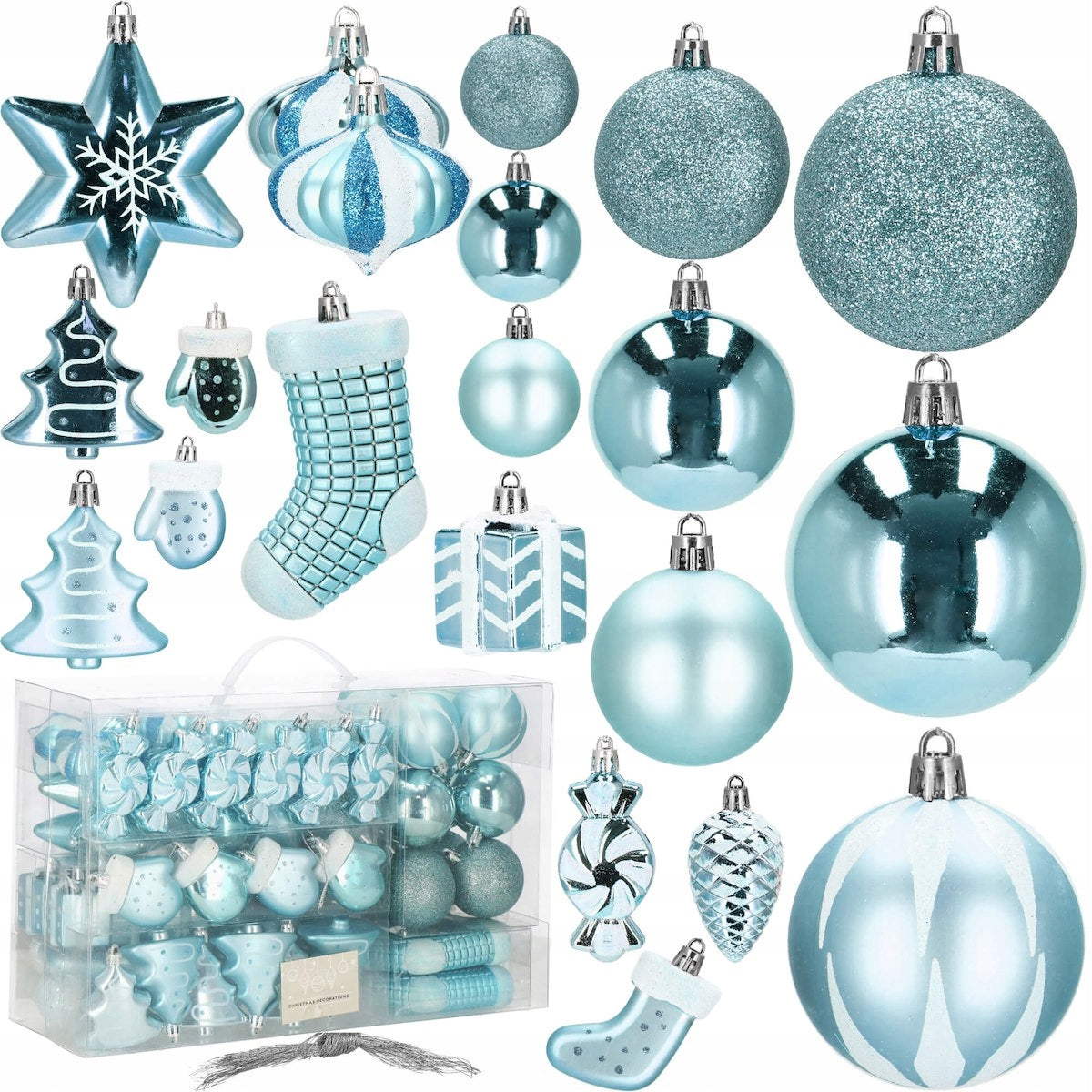 Set globuri si decoratiuni de Craciun, 77 piese, diverse dimensiuni, albastru