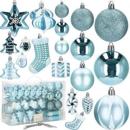 Set globuri si decoratiuni de Craciun, 77 piese, diverse dimensiuni, albastru