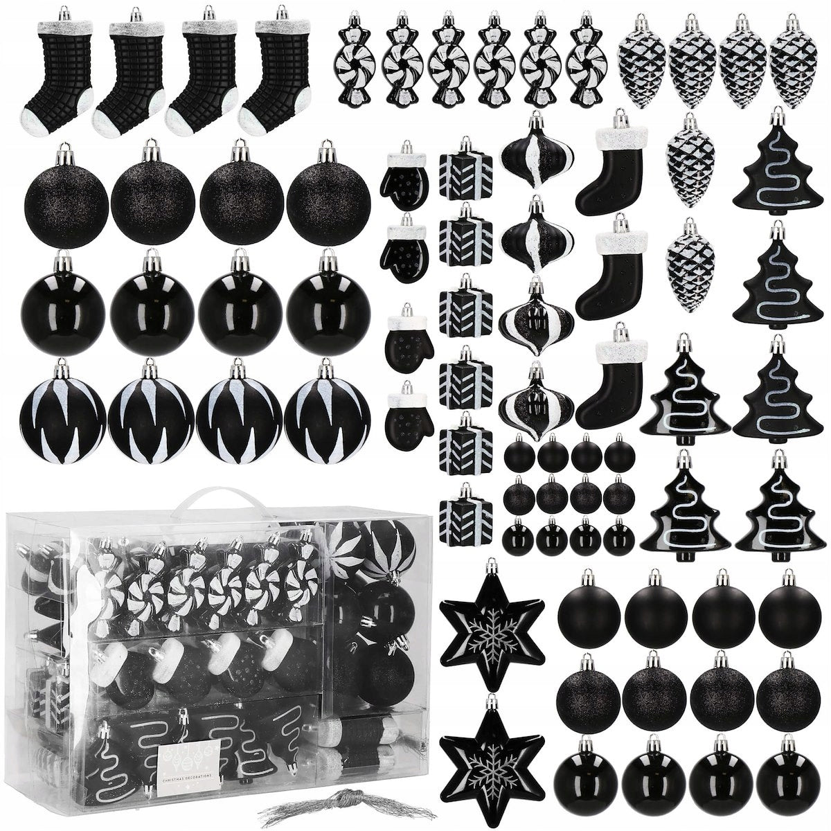Set globuri si decoratiuni de Craciun, 77 piese, diverse dimensiuni, negru