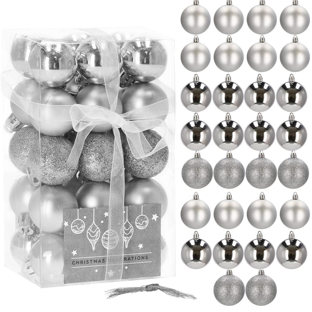 Set globuri de Craciun, 30 bucati, 3 modele, 3cm, argintiu