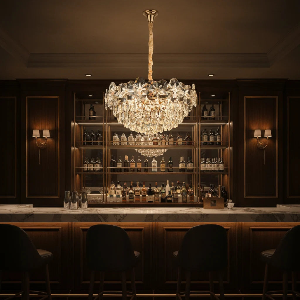 Candelabru Cristal JARDIN Magno 14xE14, Diametru 60cm, Inaltime 35cm, Auriu Lucios, Inaltime Reglabila, Design Elegant