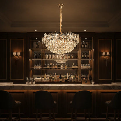 Candelabru Cristal JARDIN Magno 14xE14, Diametru 60cm, Inaltime 35cm, Auriu Lucios, Inaltime Reglabila, Design Elegant