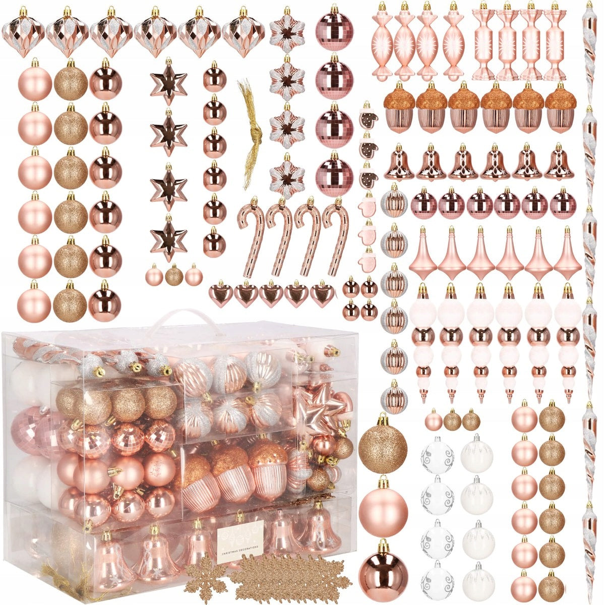 Set globuri si decoratiuni de Craciun, 152 piese, diverse dimensiuni, roz auriu