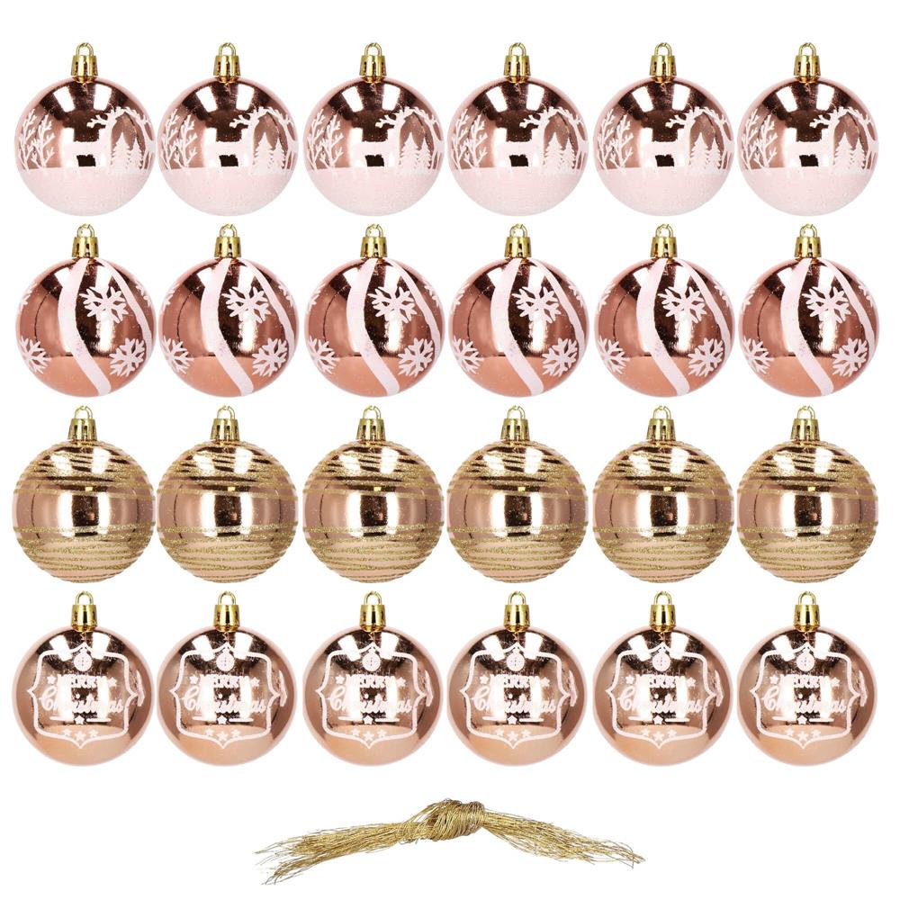 Set globuri de Craciun cu modele de sarbatori, 24 bucati, 6cm, rose