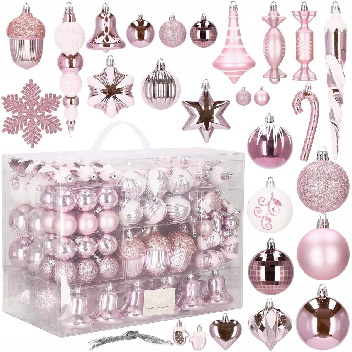 Set globuri si decoratiuni de Craciun, 155 piese, diverse dimensiuni, roz