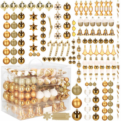Set globuri si decoratiuni de Craciun, 155 piese, diverse dimensiuni, auriu