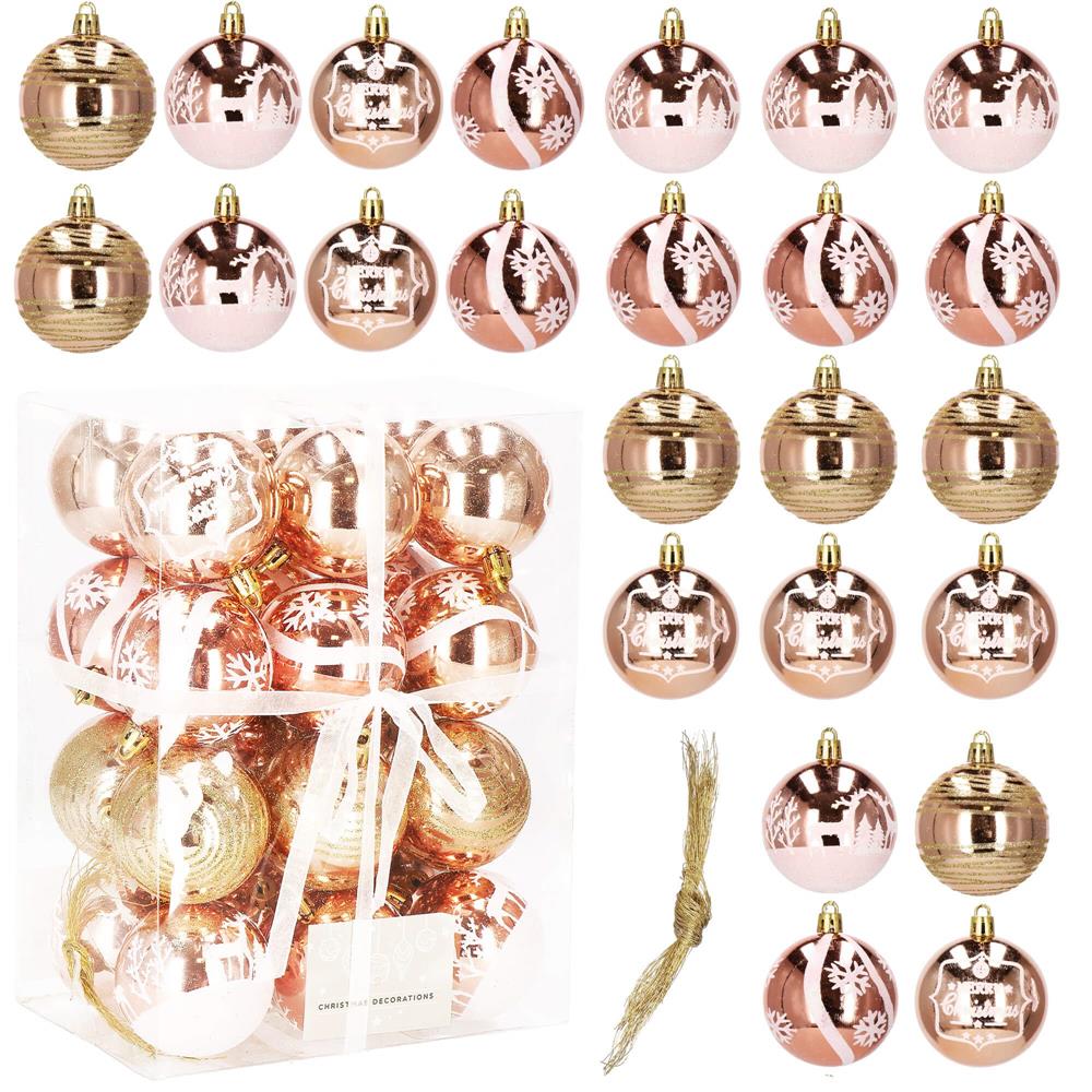 Set globuri de Craciun cu modele de sarbatori, 24 bucati, 6cm, rose