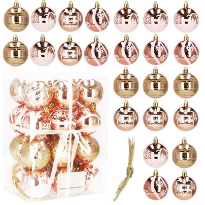 Set globuri de Craciun cu modele de sarbatori, 24 bucati, 6cm, rose